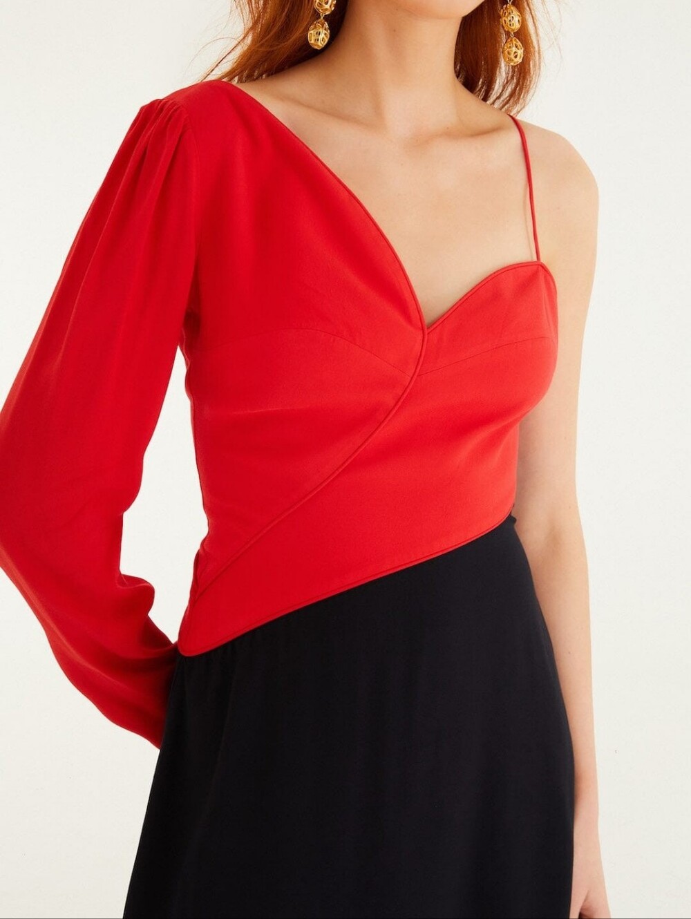 NWT FARM Rio Red Bicolor One-Shoulder Mini Dress size Large Red & Black Heart - Picture 2 of 7
